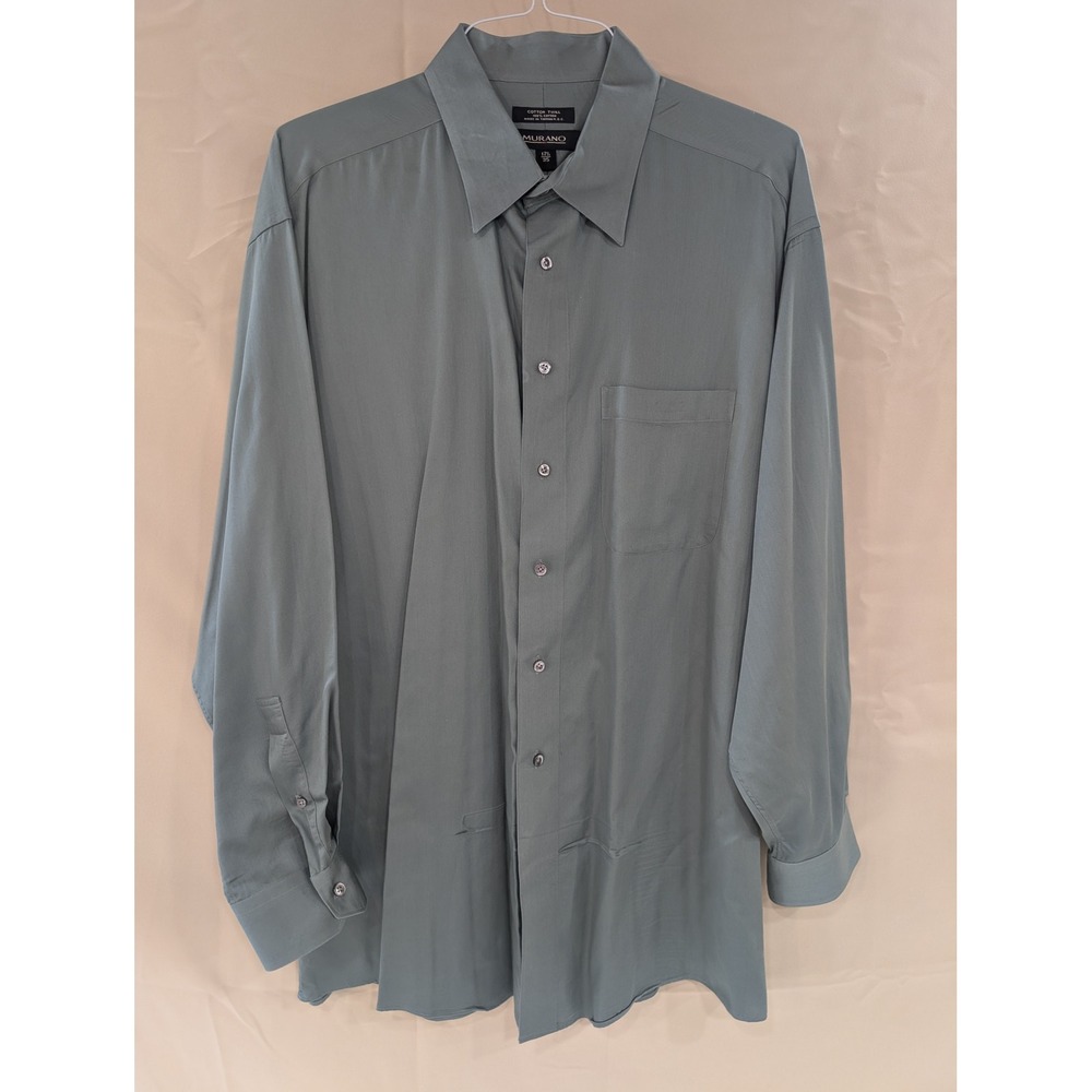 Murano Mens 17.5 35‎ Cotton Twill Long Sleeve Button Down Dress Shirt Green